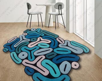 Turquoise Wool Area Rug: Irregular Hand-Tufted Minimalist Rug