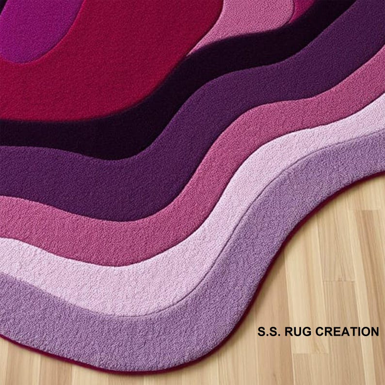 Tappeto astratto ondulato in rosso e rosa – Tappeto moderno irregolare per l'arredamento del soggiorno immagine 3