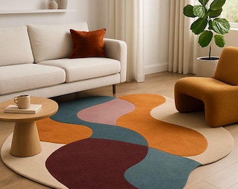 Colorful Abstract Hand-Tufted Wool Rug: Irregular Shape