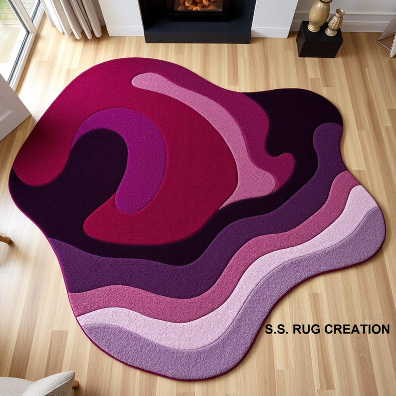 Tappeto astratto ondulato in rosso e rosa – Tappeto moderno irregolare per l'arredamento del soggiorno immagine 1