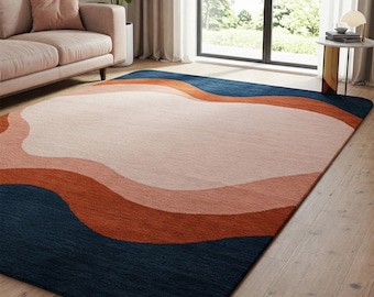 Hand-Tufted Wool Area Rug – Abstract Wavy Design, Navy, Terracotta & Blush