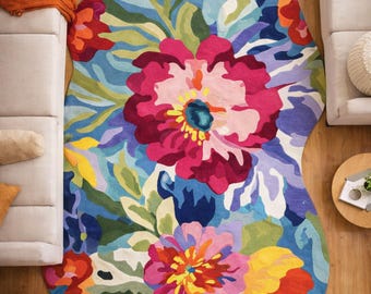 Floral Art Rug—Oversized Multicolor Garden Design | Modern Organic Statement Piece for Artistic Interiors"