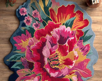 Handmade Floral Wool Rug Irregular Botanical Area Carpet Luxury Tufted Custom Modern Living Room Decor