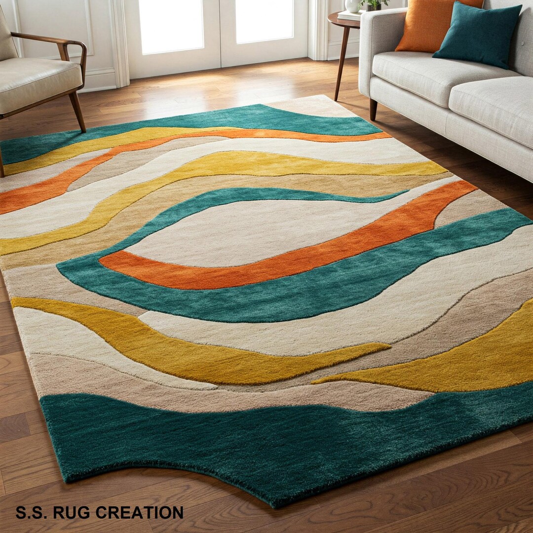 Teal Orange Rug Hand-tufted Wool Area Rug – Teal Orange Yellow Wavy Design - Etsy