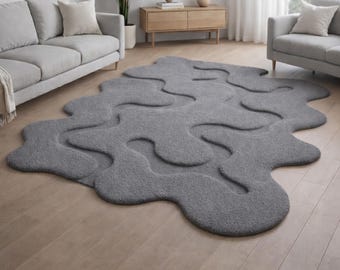 Moderner, organisch geformter grauer Teppich | Handgetufteter 3D-Teppich | Luxuriöser, moderner Wohn- und Schlafzimmerteppich | Teppich nach Maß
