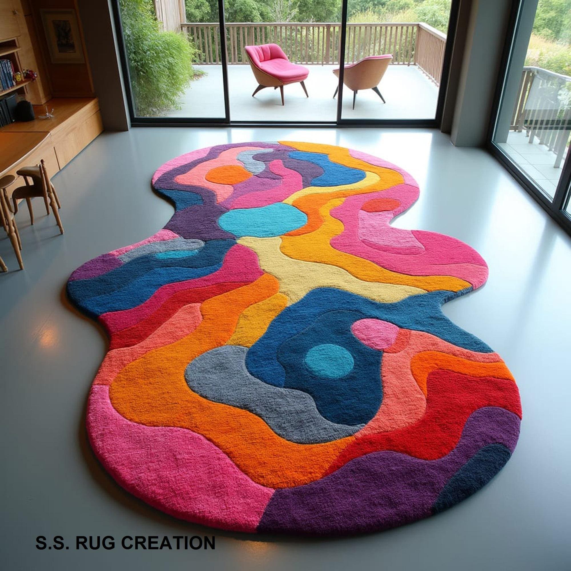 Hand-Tufted Wool Rug: Irregular Abstract Design, Multi-Color