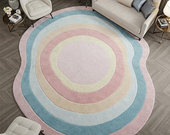 Irregular Pastel Rainbow Rug | Handmade Tufted Abstract Area Rug | Modern Soft Color Statement Carpet