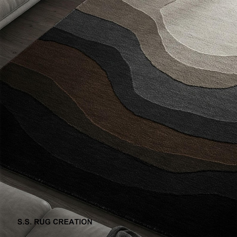 Hand Tufted Wool Area Rug – Abstract Wavy Design, Neutral Tones - Etsy