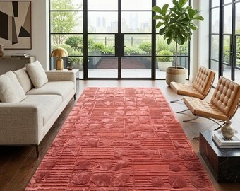 Alfombra de lana tejida a mano: Alfombra moderna de color rosa con textura esculpida, lujosa y personalizada para la decoración del hogar.