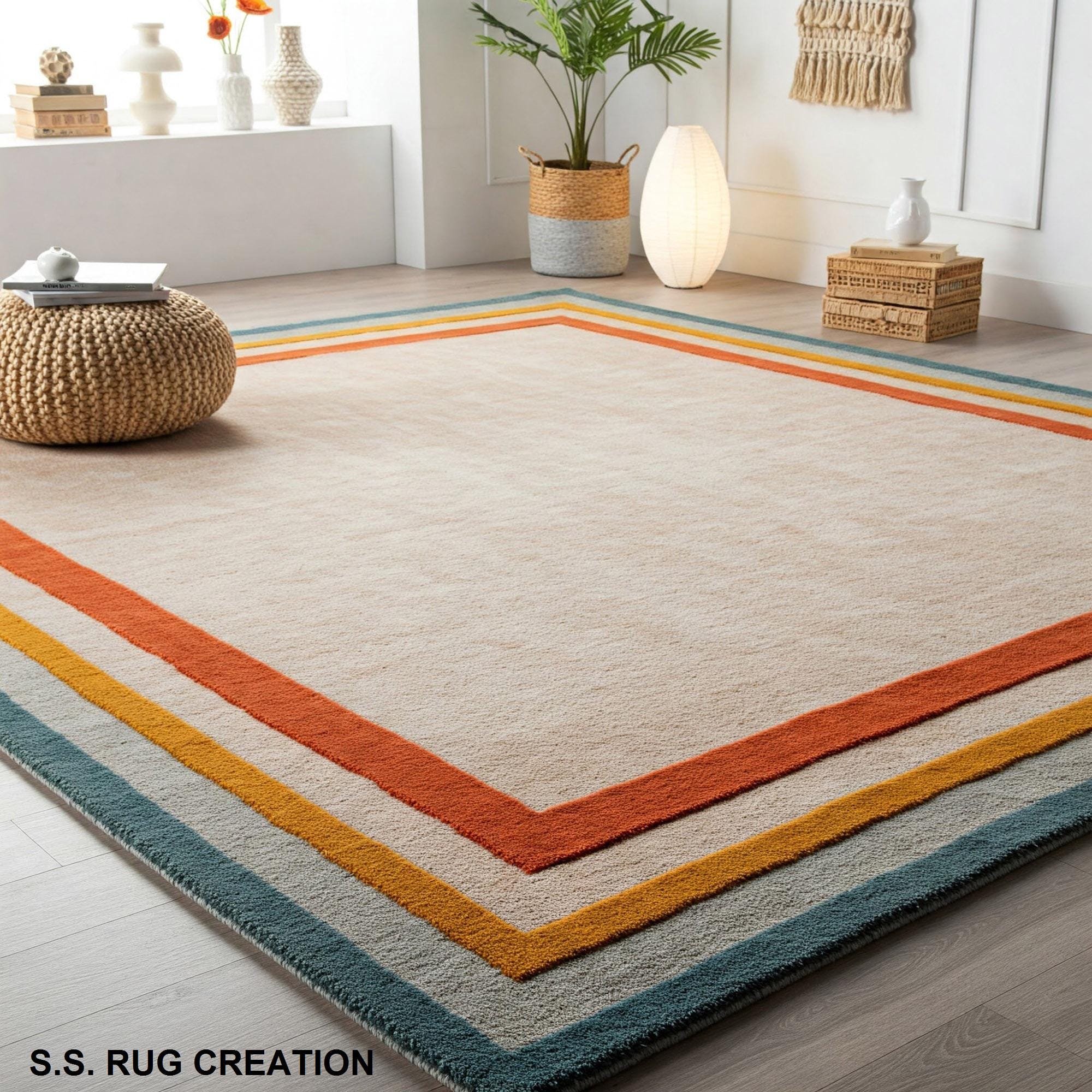 Hand-tufted Wool Area Rug – Cream, Teal, Mustard, Orange Border - Etsy