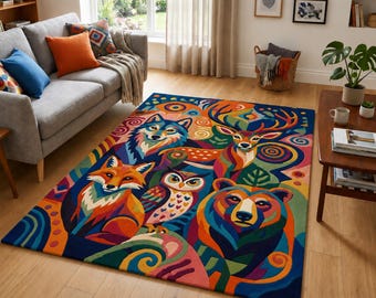 Handmade colorful geometric animal rug, modern boho chic living room decor, USA tufted wool