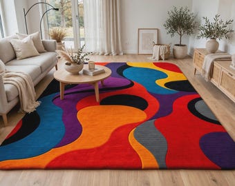 Colorful Wavy Rug - Handmade Hand-Tufted Wool Rug - Custom Irregular Modern Area Carpet