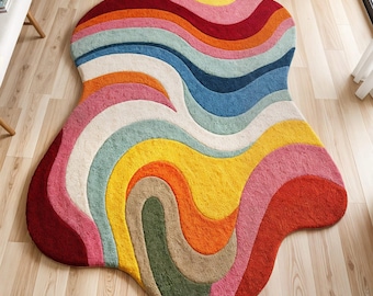 Hand-Tufted Woolen Wave Rug: Modern Colorful Area Rug