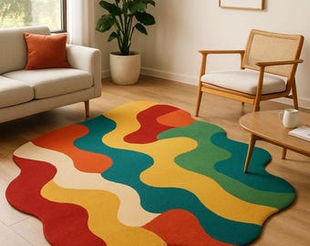 Colorful Abstract Wavy Rug – Modern Irregular Shape Carpet for Living Room, Bold Artistic Floor
