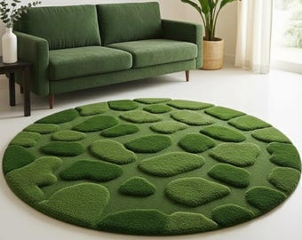 Moss Grass Tufted Rug: Round Moss Green Design, Nature-Inspired Floor Decor
