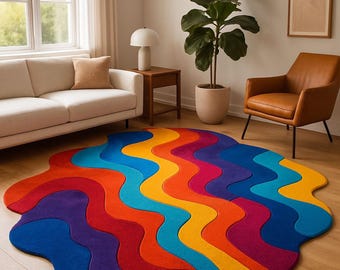 Hand-Tufted Wool Rainbow Rug: Wavy Irregular Shape, Modern Colorful Carpet