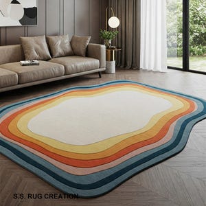 Hand-Tufted Wool Rug: Modern White Rainbow Rug for Living Room