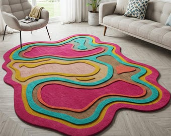 Topographic Multicolor Rug – Abstract Contour Design for Modern Living Room Decor