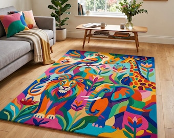 Handmade Colorful Safari Animal Rug, Modern Boho Chic Wool Carpet for Living Room Decor