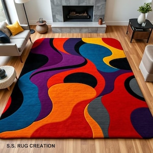 Awesome Look Hand-Tufted Vibrant Color Rug Modern Style Wavy Rug 5x8 6x9 7x10 8x10 9x12 Large Area Bedroom, Living Room ,Office, Kids Room