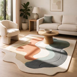 May include: A rectangular area rug with an irregular, wavy edge featuring a layered, abstract design. The rug displays curved bands of cream, light yellow, terracotta orange, sage green, and dark charcoal gray in a smooth, plush texture.