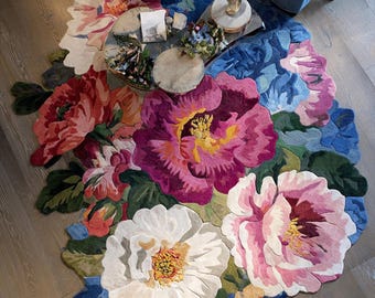 Handmade Floral Wool Area Rug Irregular Botanical Luxury Tufted Custom Carpet Colorful Decor Statement