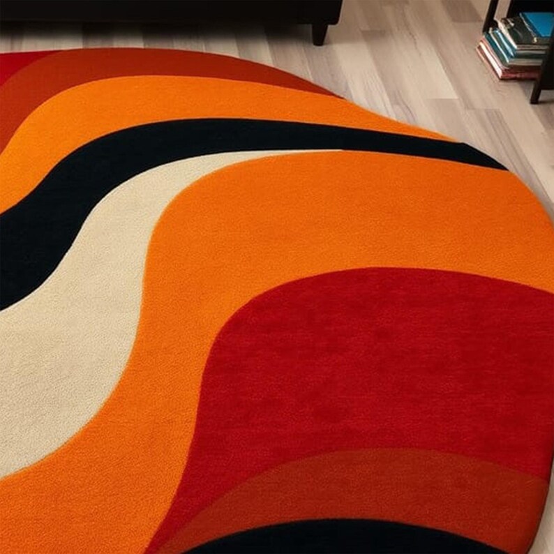 Modern Abstract Rug – Wavy Multicolor Design in Red, Orange, Black & Beige For Living Rooms image 5