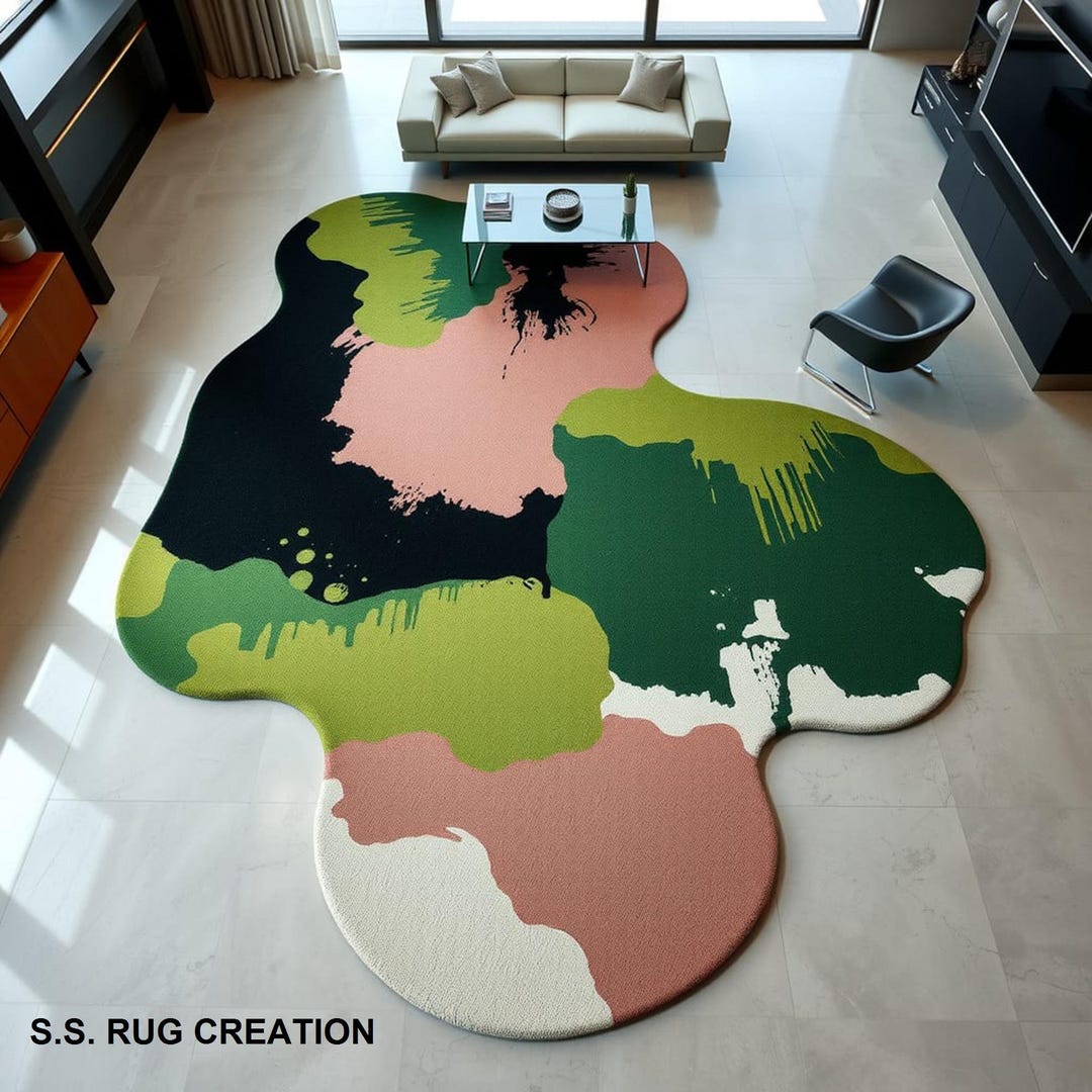 Modern Abstract Rug – Irregular Shape, Bold Brushstroke Design in Neon ...