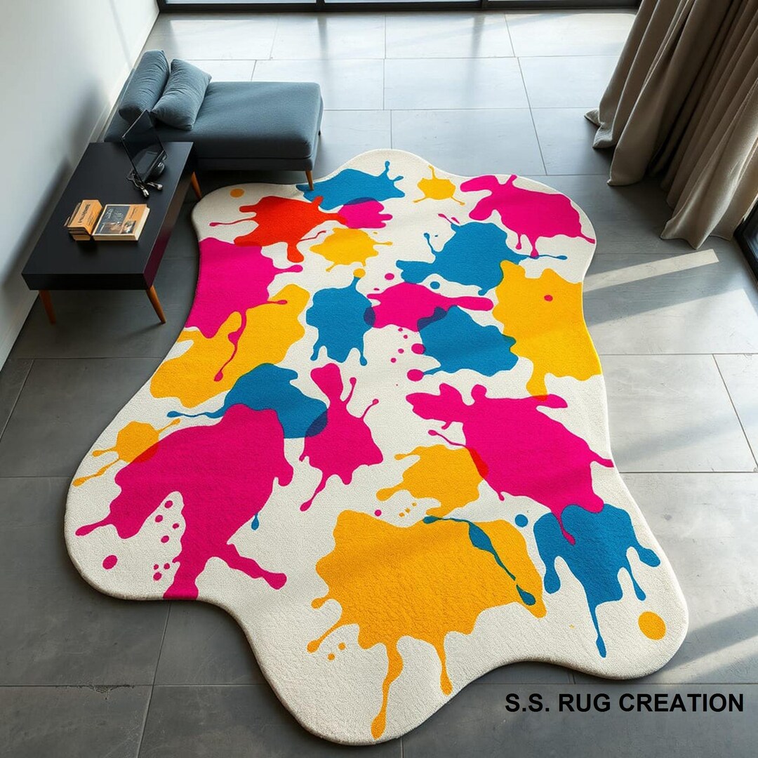 Painted Look Rug Modern Paint Splatter Rug – Irregular Shape, Vibrant Colors, Artistic ...