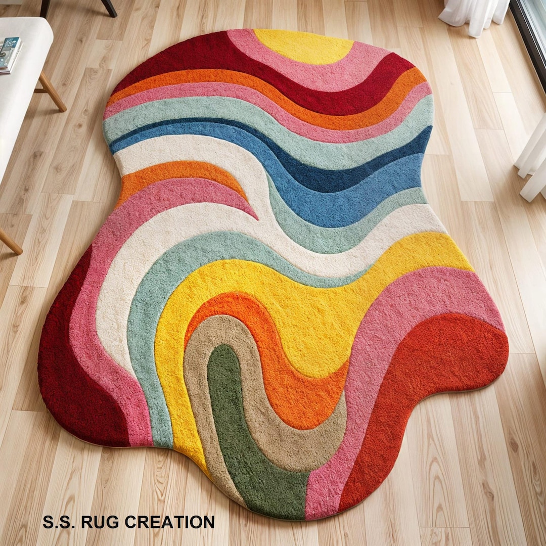 Colorful Abstract Rug – Irregular Shape, Psychedelic Wavy Design ...