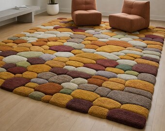 Hand Tufted 3D Pebble Rug Earthy Patchwork Wool Area Carpet Modern Home Decor