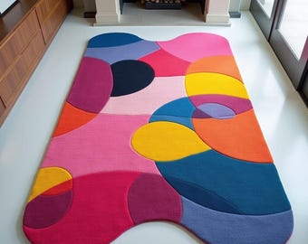 Levendig abstract vloerkleed – onregelmatige vorm, neonkleuren, modern kunstontwerp voor woonkamerinrichting