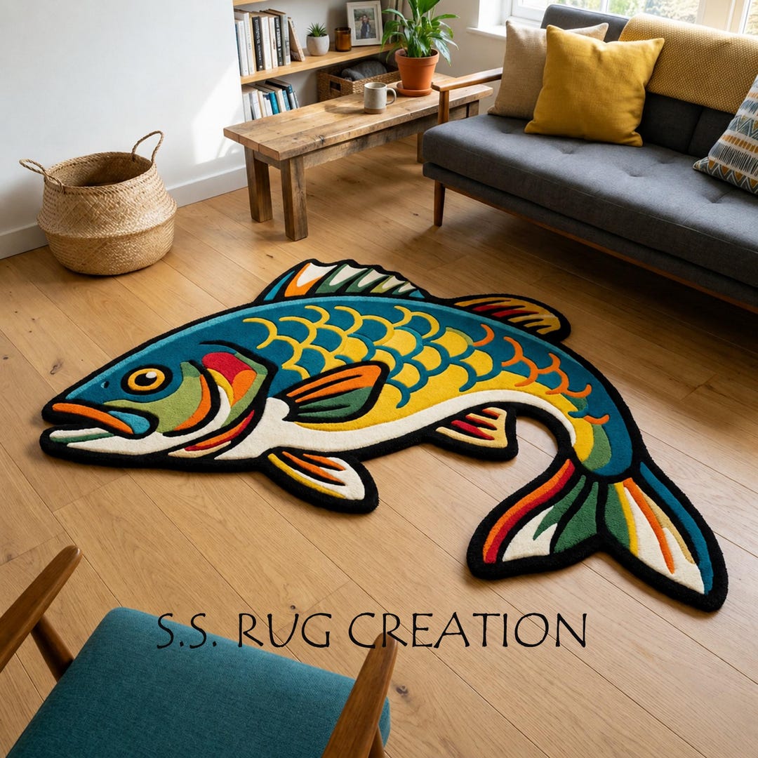 Handmade Fish-shaped Colorful Tufted Rug, Modern Abstract Multicolor ...
