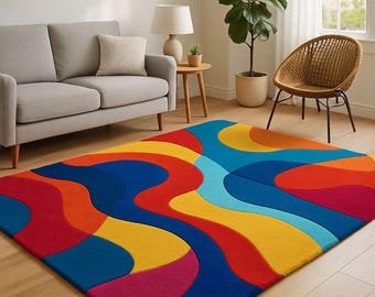 Hand-Tufted Wool Rug: Modern Abstract Wave, Colorful Living Room Carpet