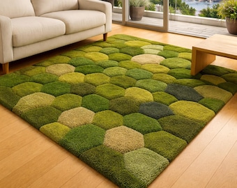 Moss Grass Tufted Rug: Honeycomb Moss Green Design, Nature-Inspired Floor Decor