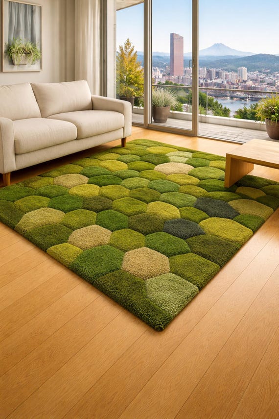 Moos-Gras-Teppich: Bienenwaben-Moosgrün-Design, von der Natur inspiriertes Bodendekor