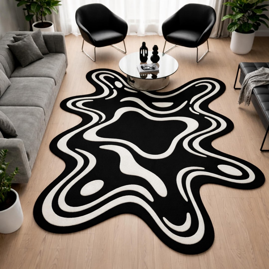 Abstract Black White Wavy Shape Rug Modern Designer Area Rug for Living ...