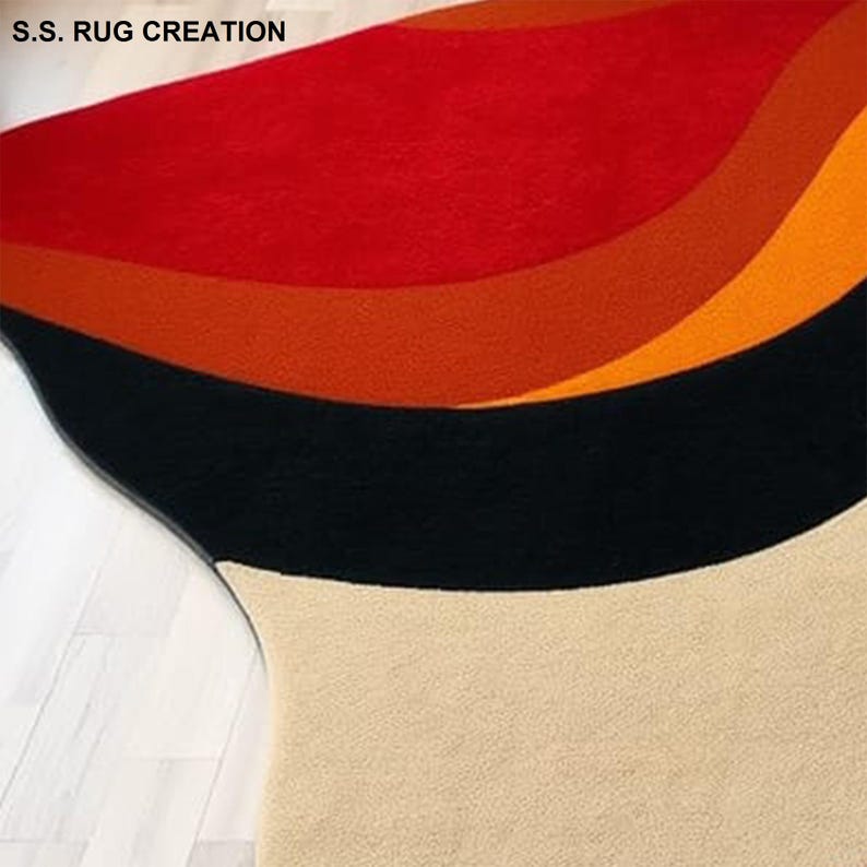 Modern Abstract Rug – Wavy Multicolor Design in Red, Orange, Black & Beige For Living Rooms image 6