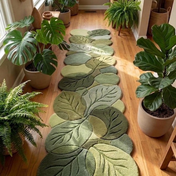 Sage Green Leaf Runner Rug, 3D Botanical Tufted Carpet, Aesthetic Organic-Shape Hallway Runner, Modern Nature Decor Floor Rug