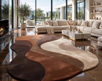 Alfombra abstracta de lana tejida a mano, alfombra orgánica marrón beige, alfombra moderna y escultural para sala de estar.