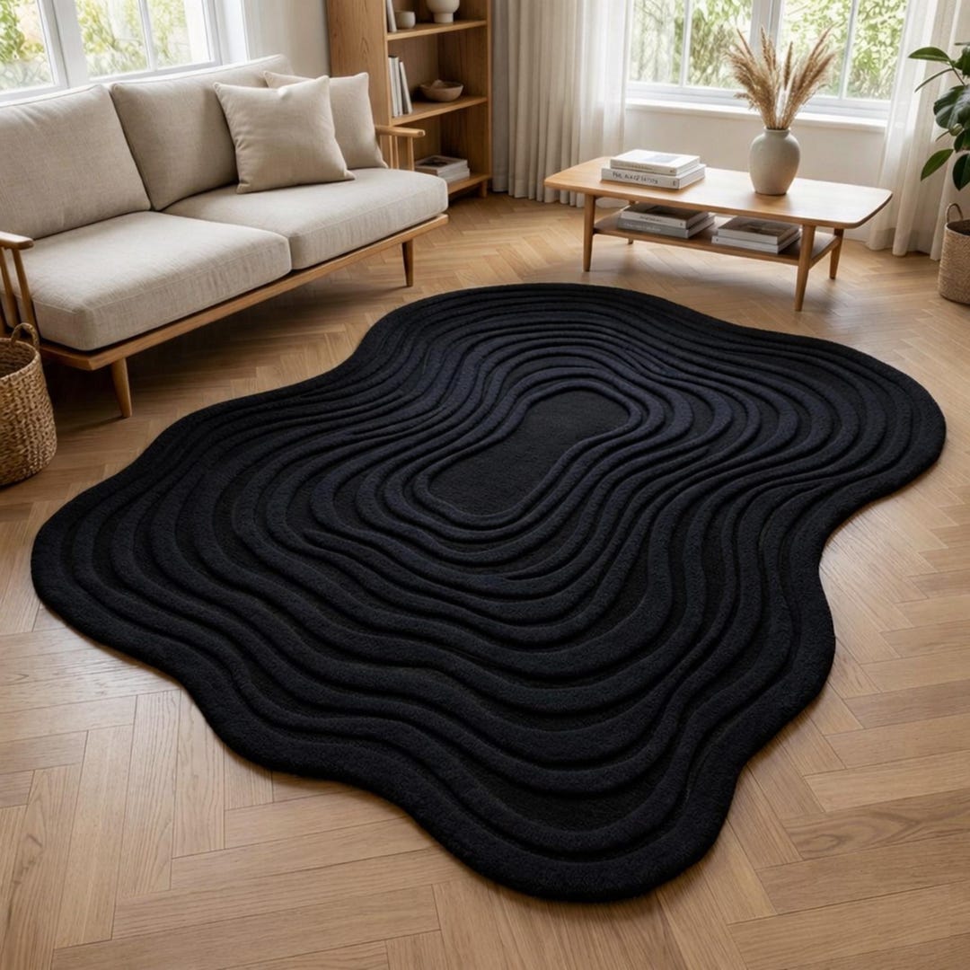 Modern Black Sculptural Rug With Concentric Contours, Unique 3D Ripple ...