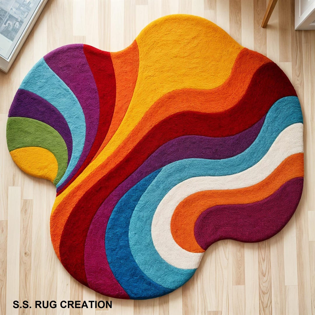 Colorful Abstract Wave Rug – Irregular Shape, Vibrant Multicolor Modern ...