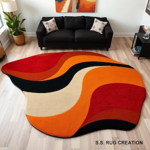 Modern Abstract Rug – Wavy Multicolor Design in Red, Orange, Black & Beige For Living Rooms image 1