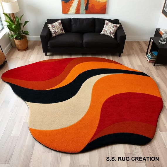 Modern Abstract Rug – Wavy Multicolor Design in Red, Orange, Black & Beige For Living Rooms