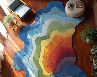 Vibrant Rainbow Wave Irregular Shaped Rug Abstract Colorful Boho Living Room Tufted Wool Decor