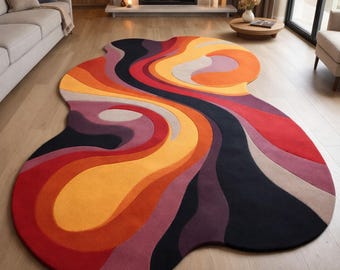 Mid-Century Wavy Abstract Rug, Retro Geometric Pattern Carpet