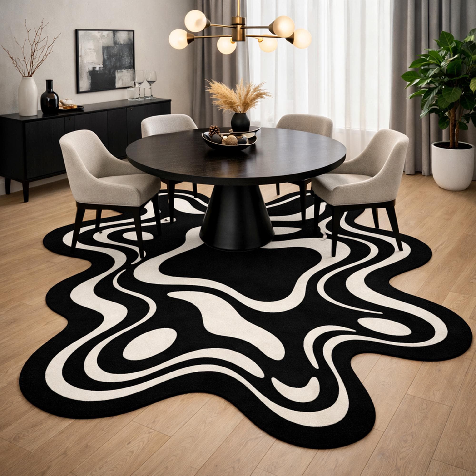 Abstract Black White Wavy Shape Rug Modern Designer Area Rug for Living ...