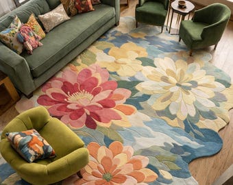 Handcrafted Floral Rug: Multicolor Scalloped Statement Carpet