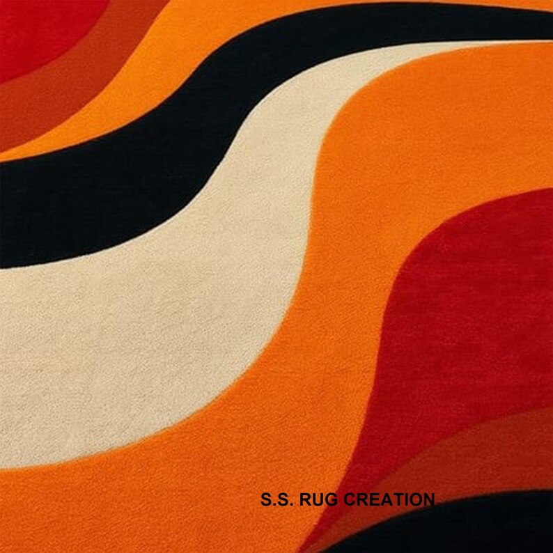 Modern Abstract Rug – Wavy Multicolor Design in Red, Orange, Black & Beige For Living Rooms image 4