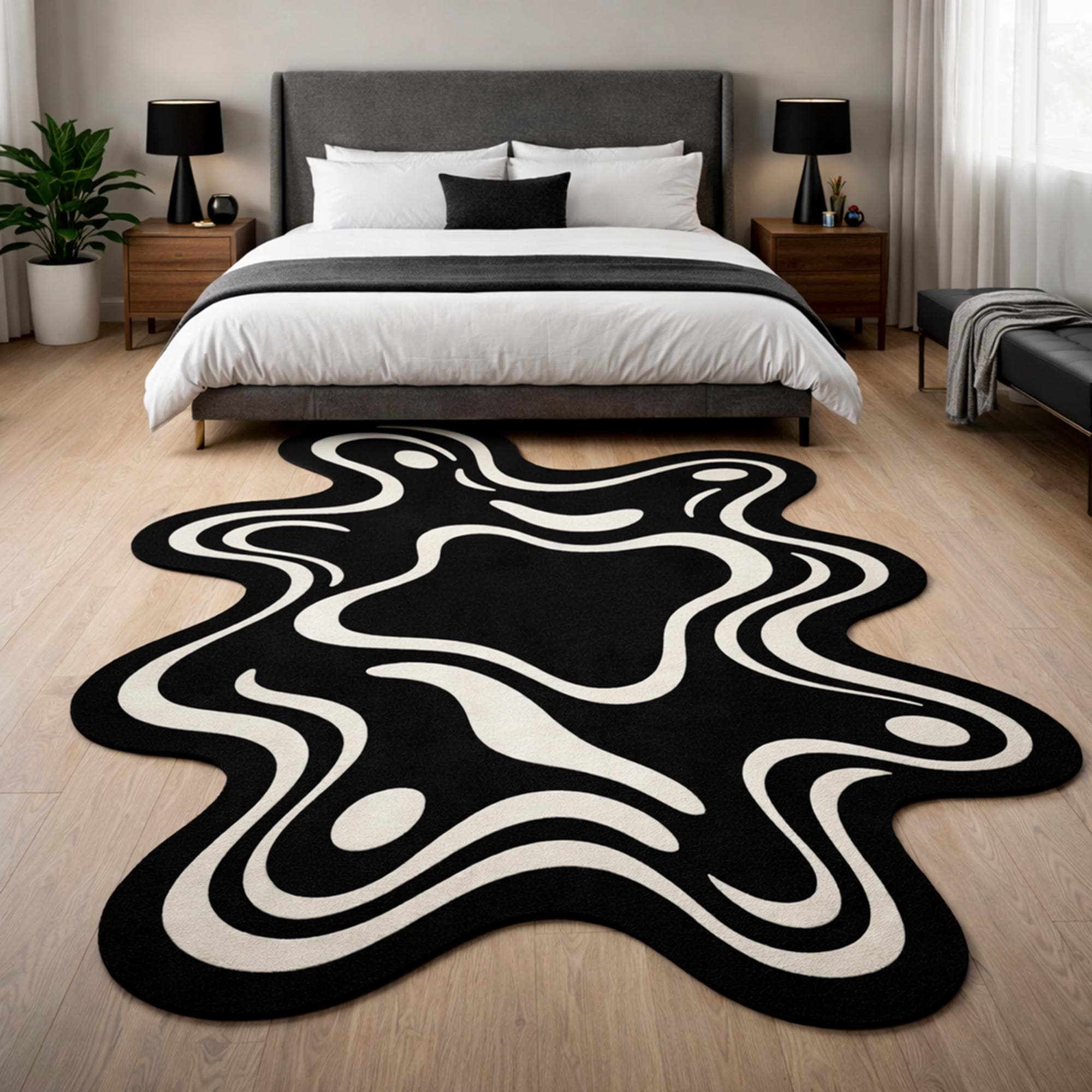 Abstract Black White Wavy Shape Rug Modern Designer Area Rug for Living ...